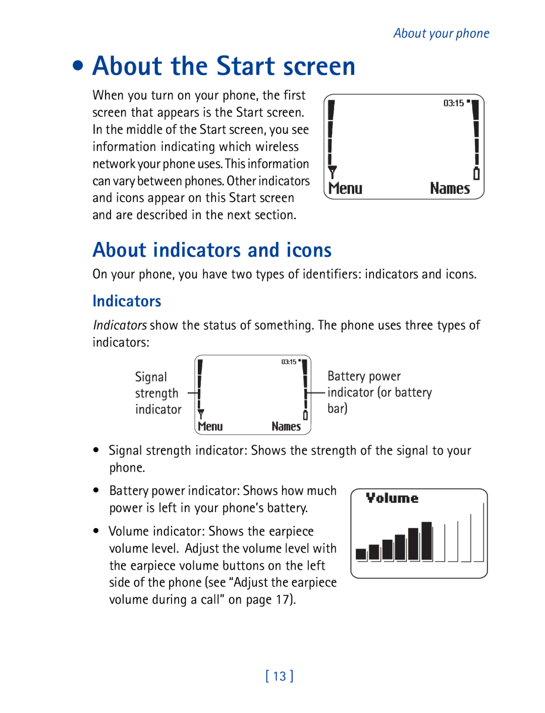 Nokia 8290 manual About the Start screen, About indicators and icons, Indicators, Volume indicator Shows the earpiece 