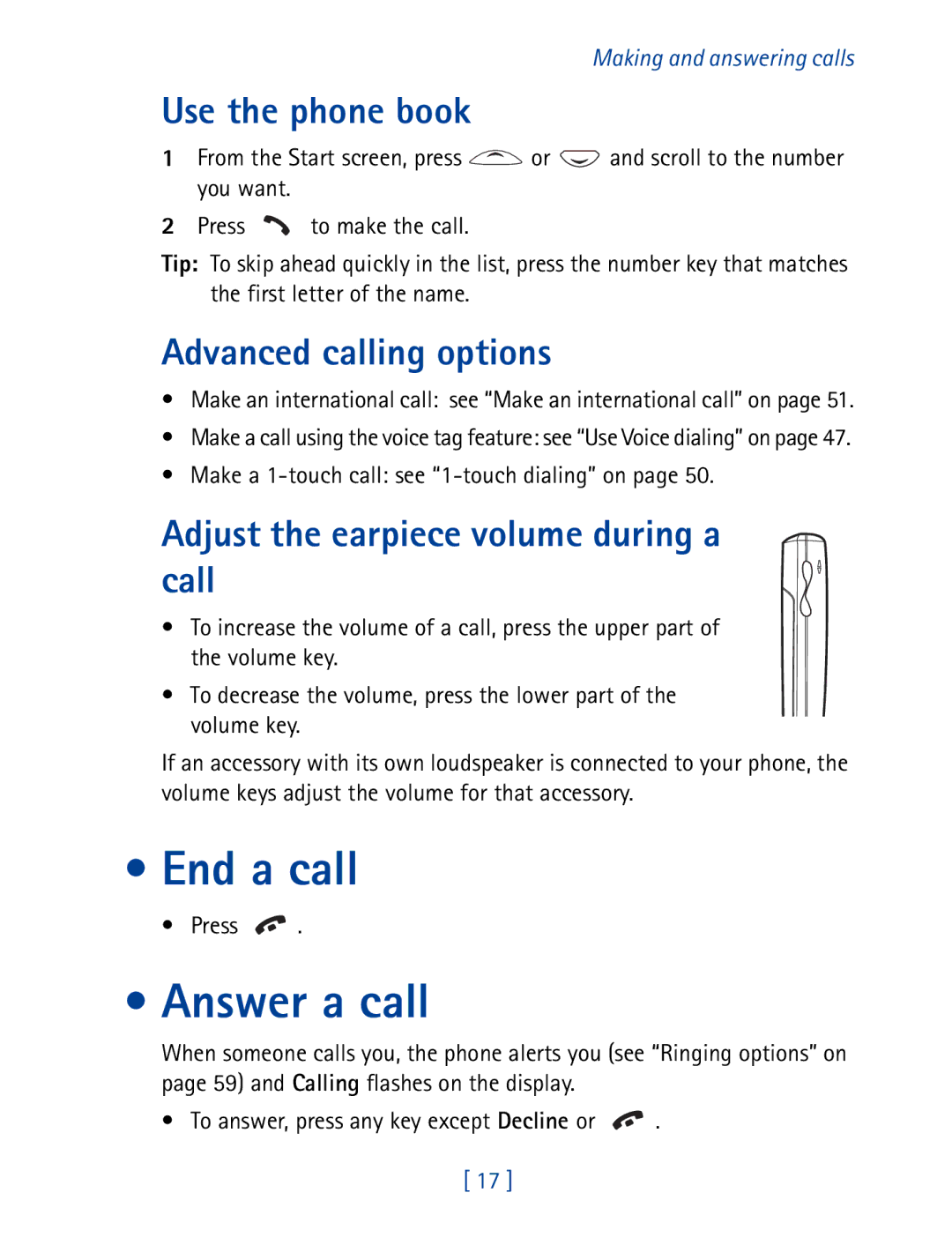 Nokia 8290 manual End a call, Answer a call, Use the phone book, Advanced calling options 