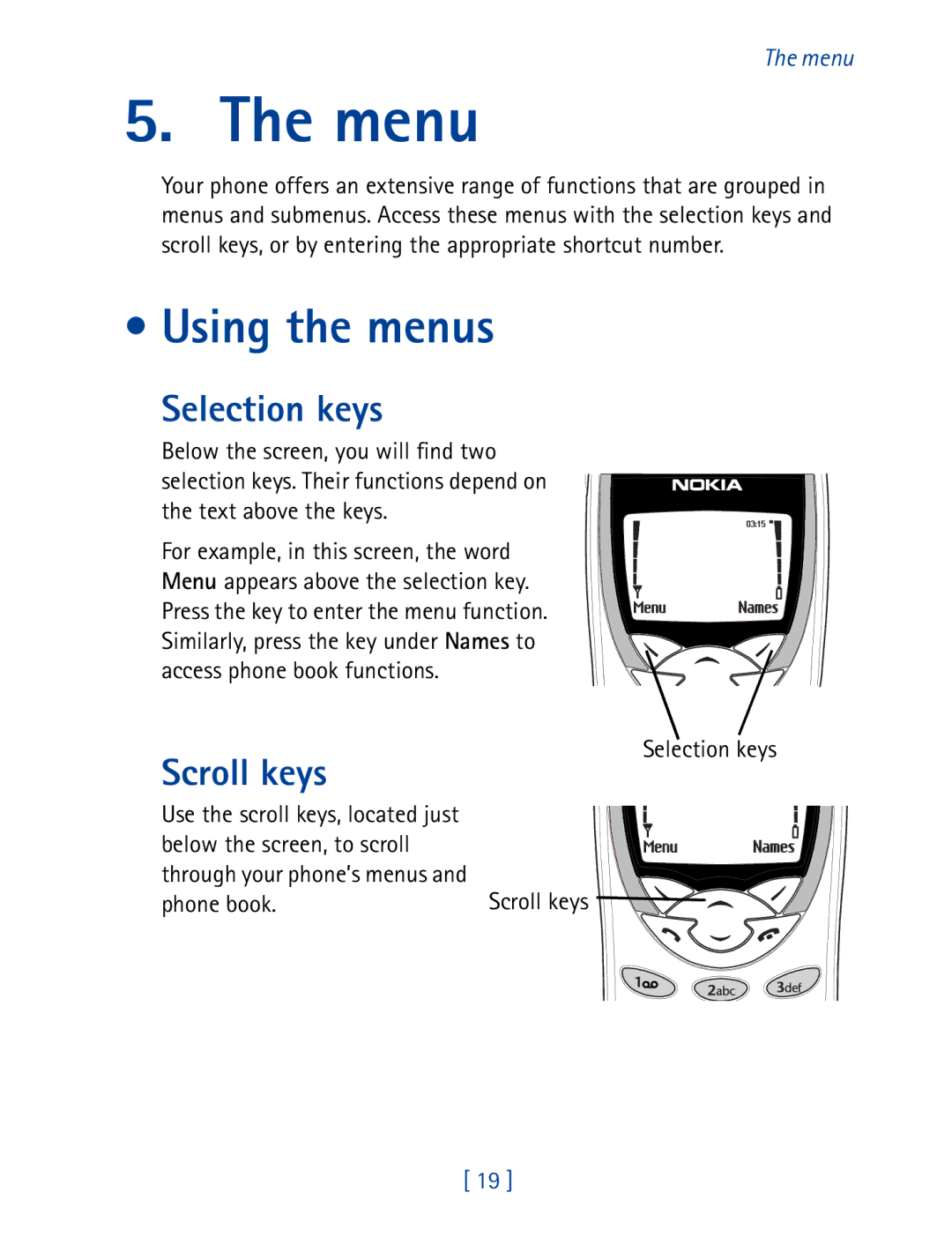 Nokia 8290 manual Menu, Using the menus, Selection keys, Scroll keys 