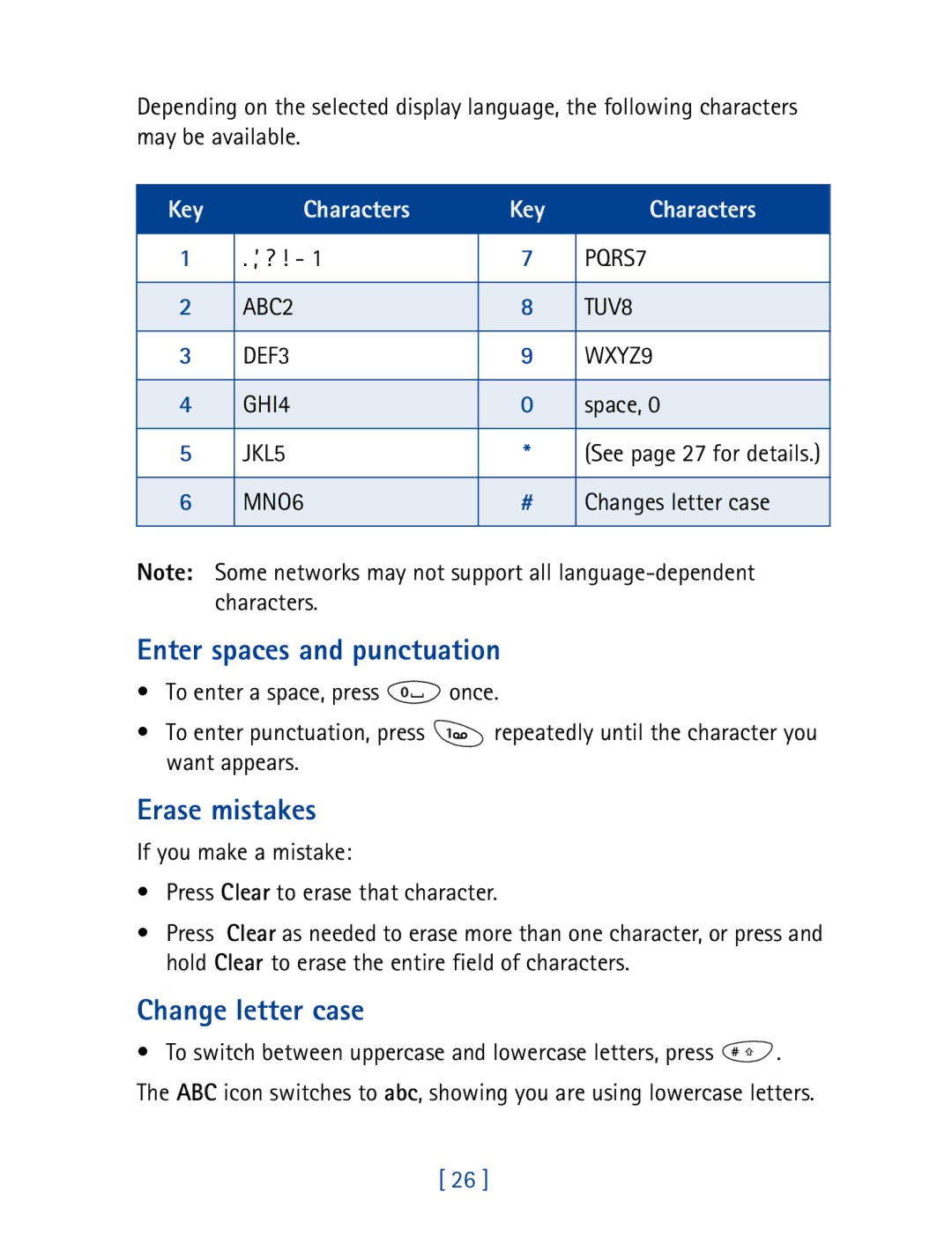 Nokia 8290 manual Enter spaces and punctuation, Erase mistakes, Change letter case 