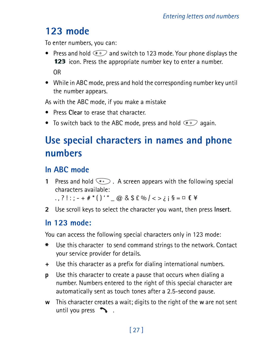 Nokia 8290 manual Mode, Use special characters in names and phone numbers, ABC mode, To enter numbers, you can 