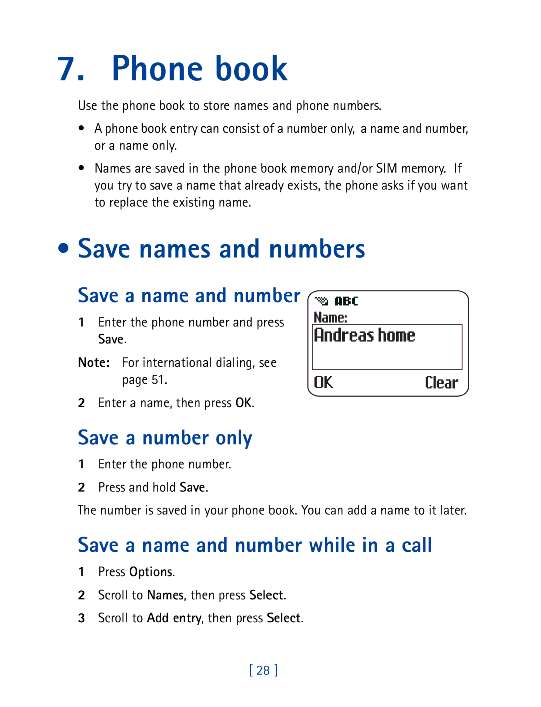 Nokia 8290 manual Phone book, Save names and numbers, Save a name and number, Save a number only 