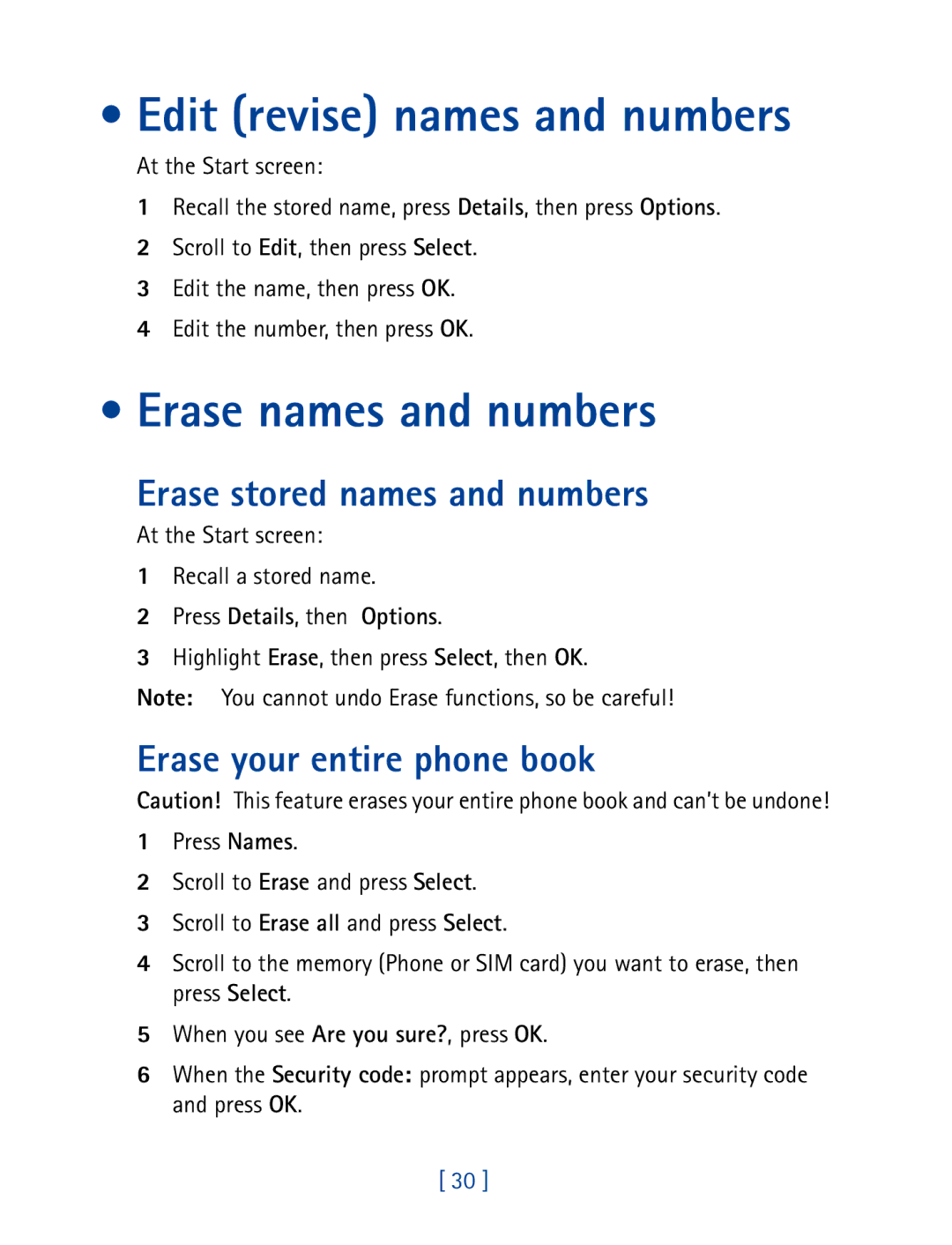 Nokia 8290 manual Edit revise names and numbers, Erase names and numbers, Erase stored names and numbers 