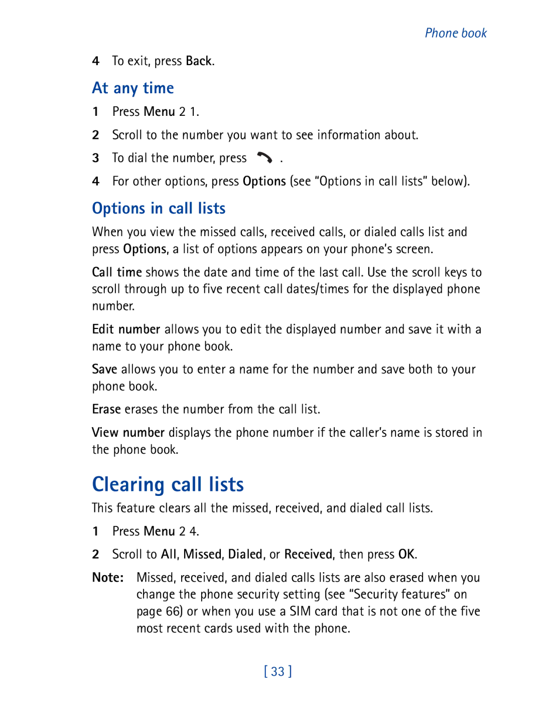 Nokia 8290 manual Clearing call lists, At any time, Options in call lists, To exit, press Back 