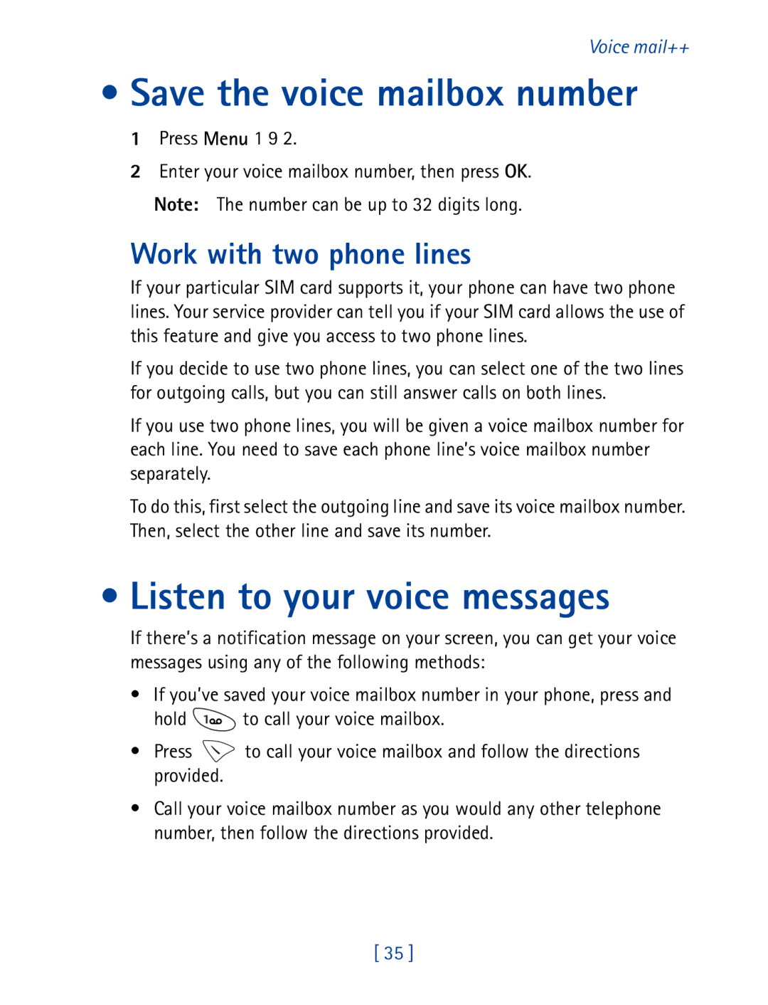 Nokia 8290 manual Save the voice mailbox number, Listen to your voice messages, Work with two phone lines 