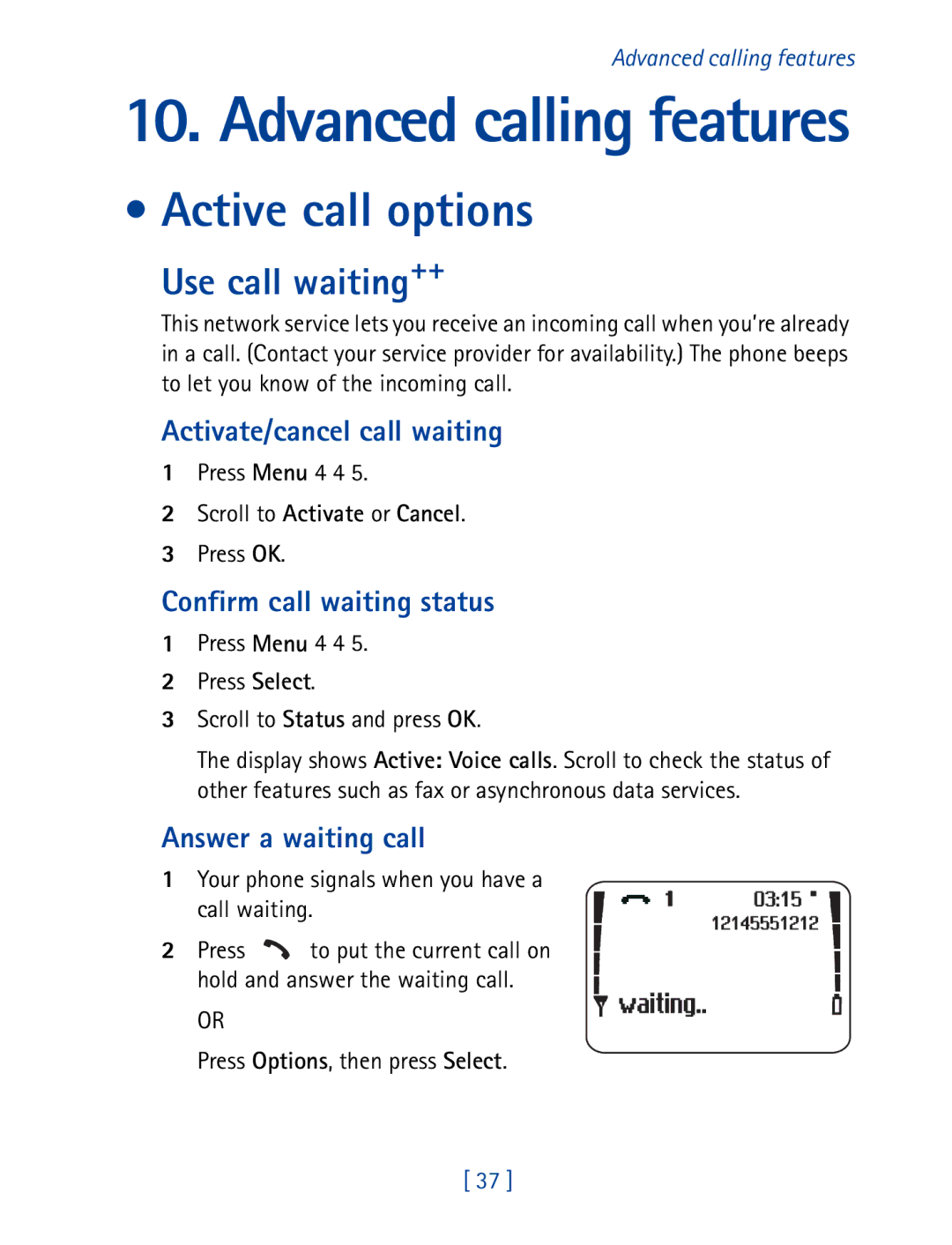 Nokia 8290 manual Active call options, Use call waiting++, Activate/cancel call waiting, Confirm call waiting status 