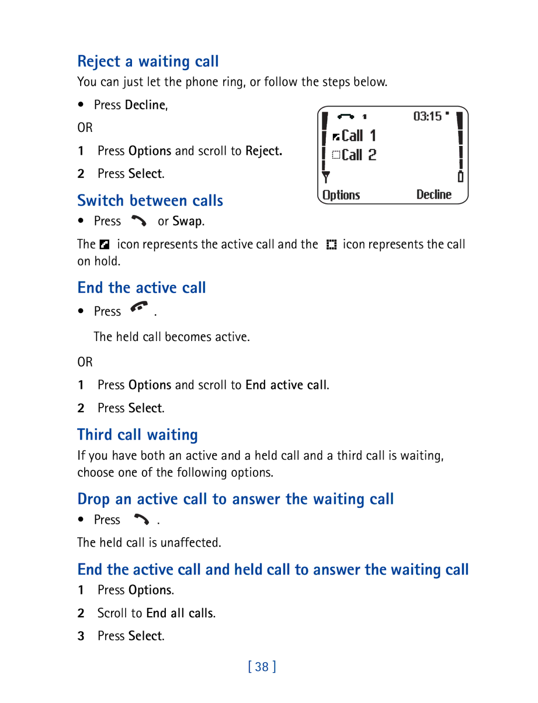 Nokia 8290 manual Reject a waiting call, Switch between calls, End the active call, Third call waiting 