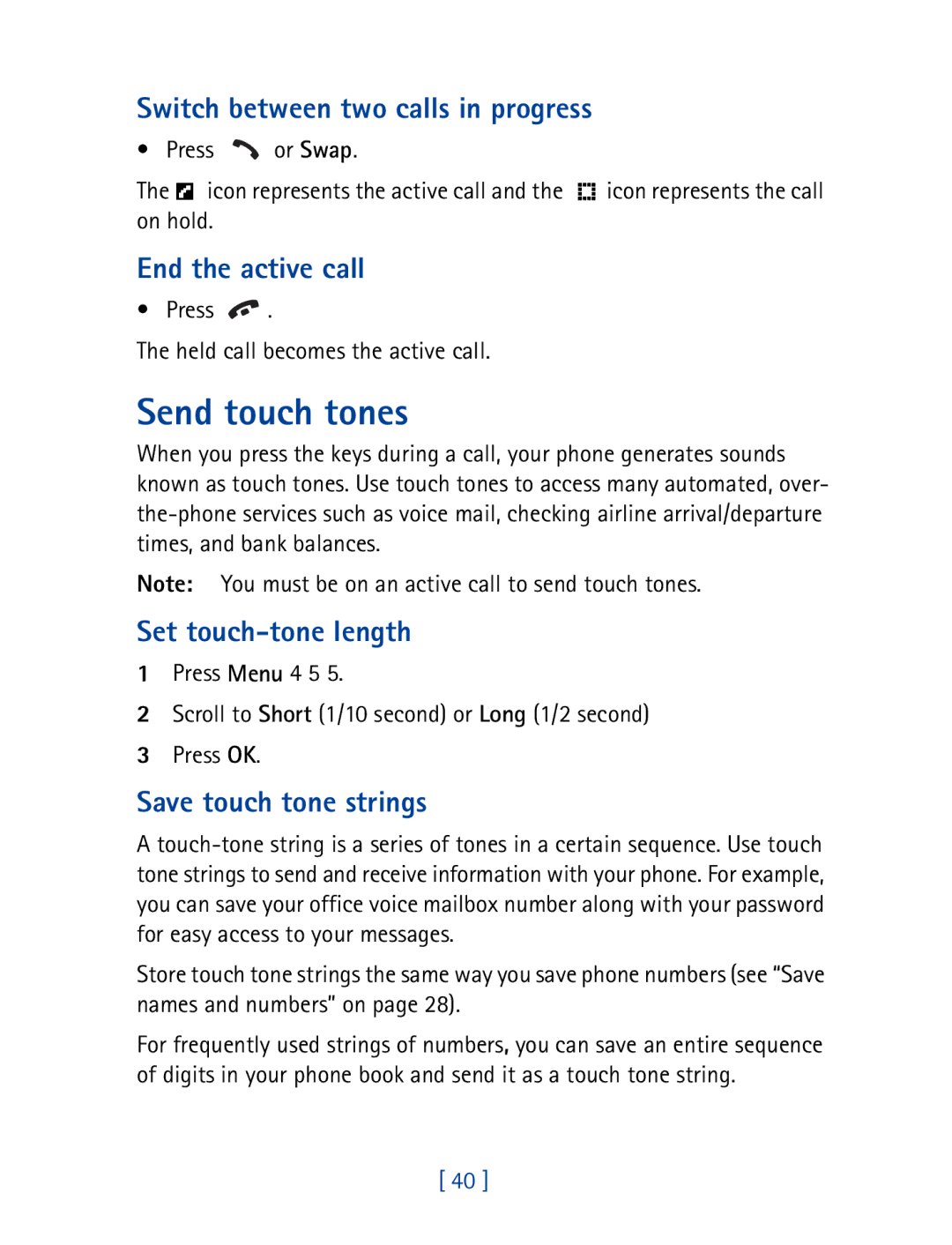 Nokia 8290 manual Send touch tones, Switch between two calls in progress, Set touch-tone length, Save touch tone strings 