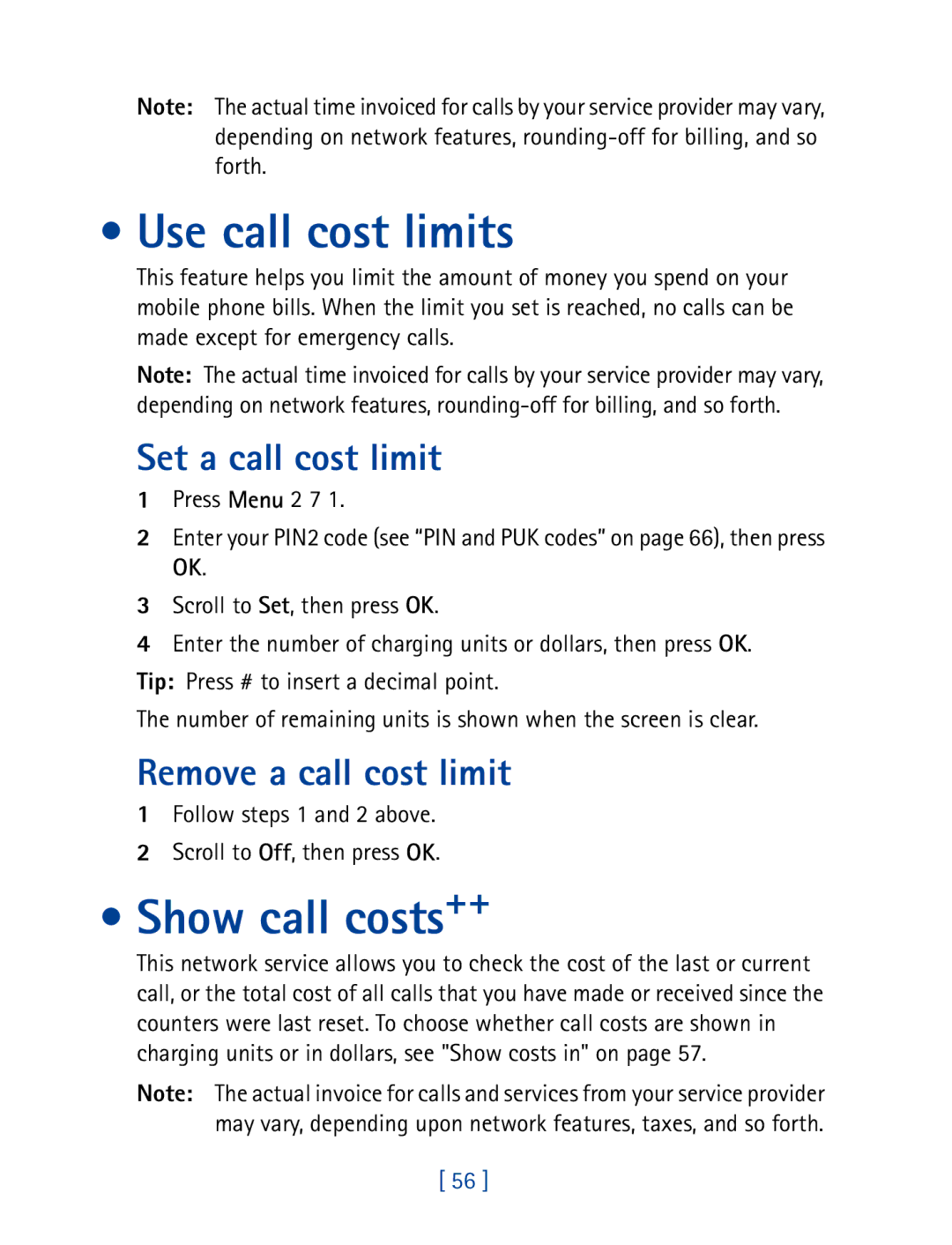 Nokia 8290 manual Use call cost limits, Show call costs++, Set a call cost limit, Remove a call cost limit 