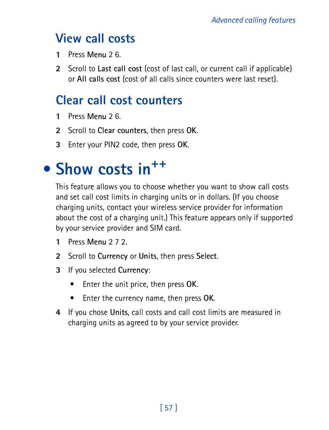 Nokia 8290 manual Show costs in++, View call costs, Clear call cost counters 