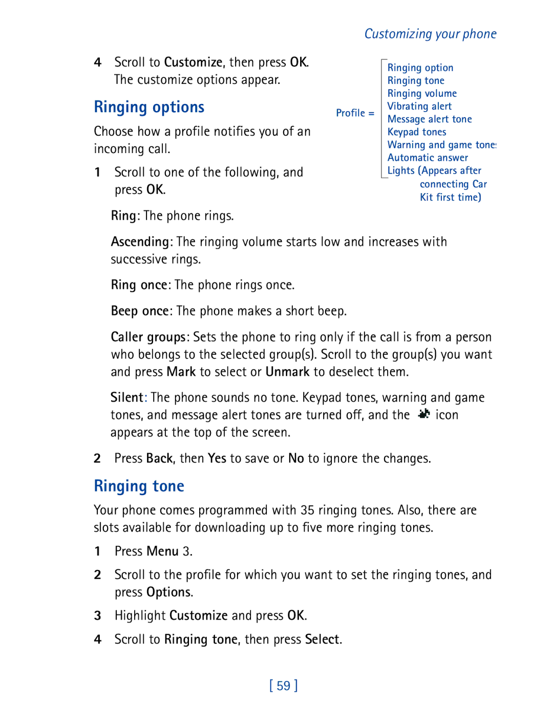 Nokia 8290 manual Ringing options, Ringing tone 