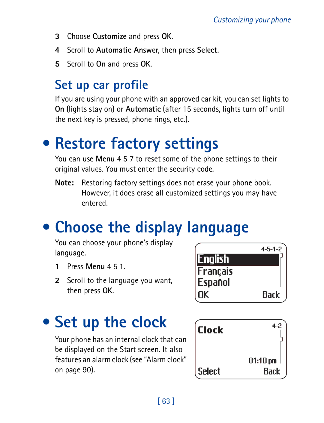 Nokia 8290 manual Restore factory settings, Choose the display language, Set up the clock, Set up car profile 