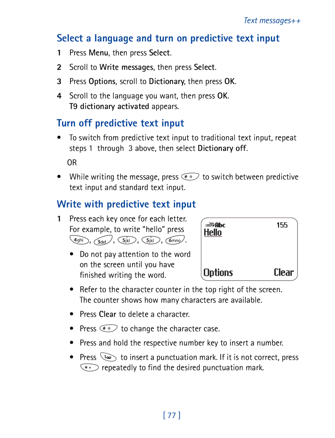 Nokia 8290 Select a language and turn on predictive text input, Turn off predictive text input, Finished writing the word 