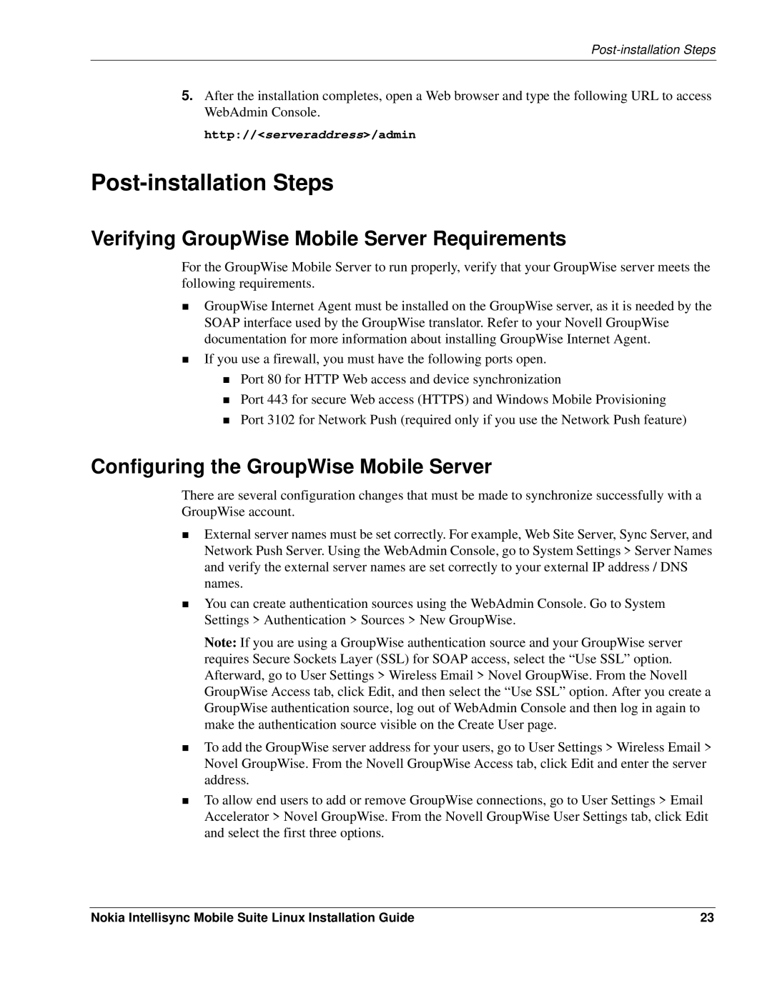 Nokia 8.5 Post-installation Steps, Verifying GroupWise Mobile Server Requirements, Configuring the GroupWise Mobile Server 