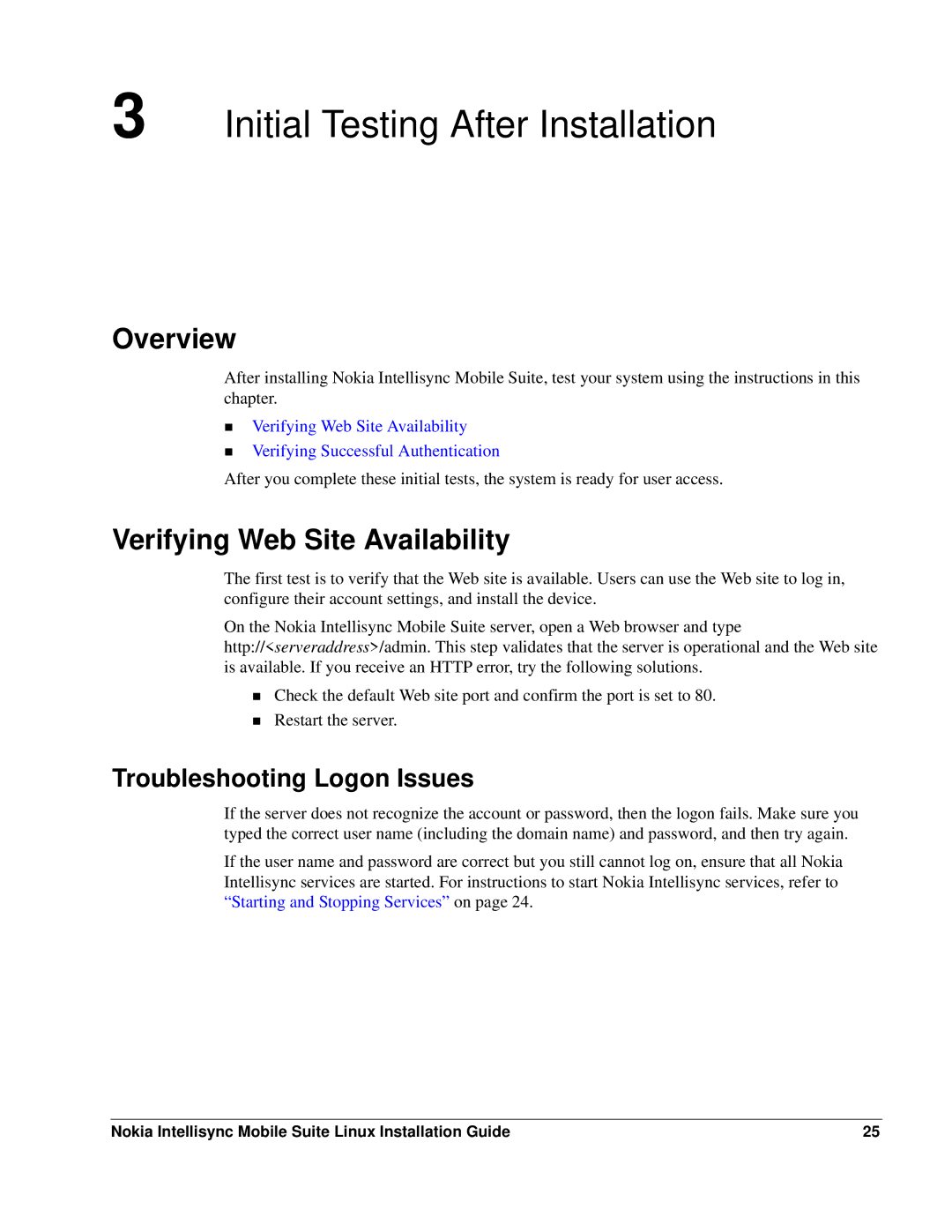 Nokia 8.5 manual Initial Testing After Installation, Verifying Web Site Availability, Troubleshooting Logon Issues 