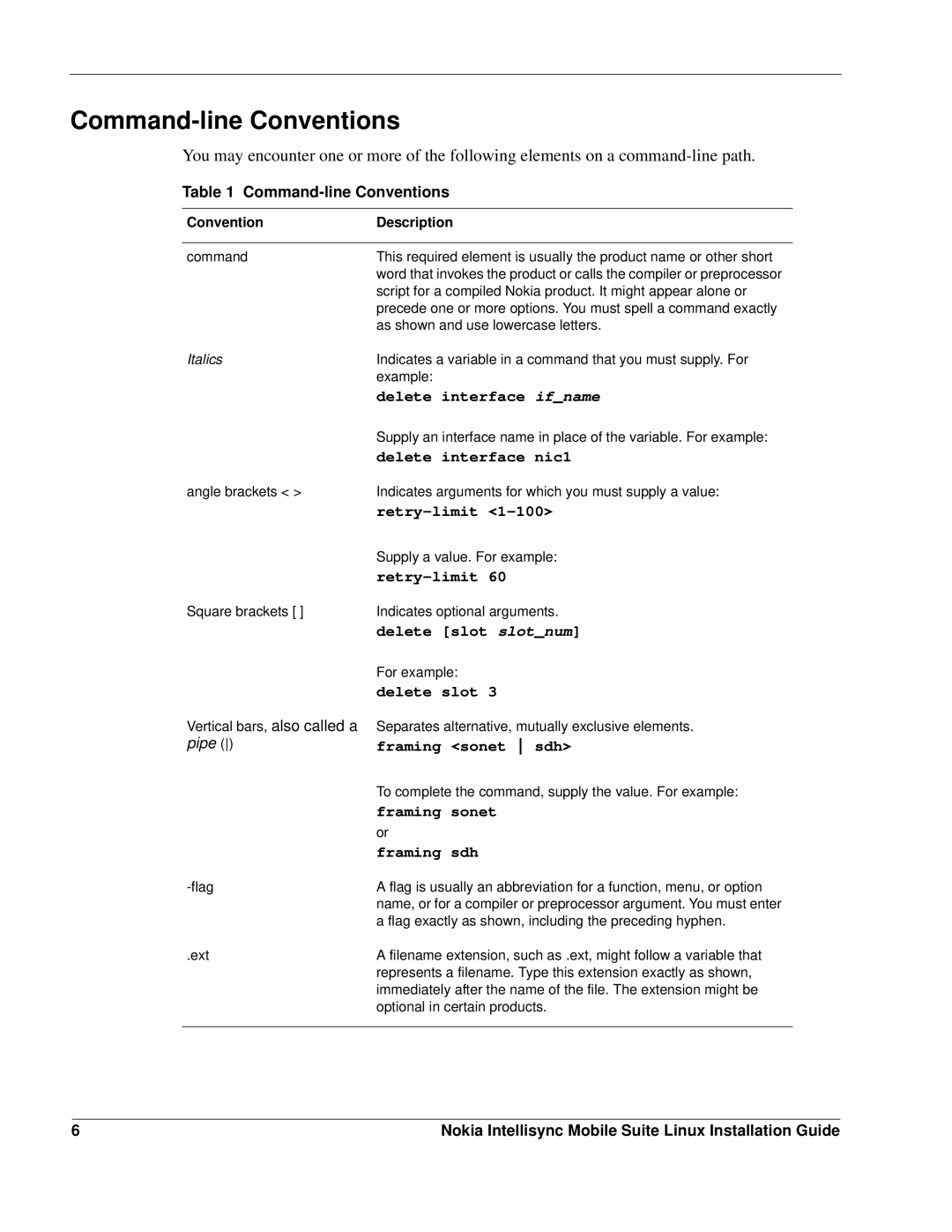 Nokia 8.5 manual Command-line Conventions 