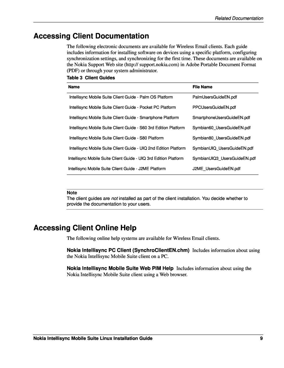 Nokia 8.5 manual Accessing Client Documentation, Accessing Client Online Help, Client Guides 