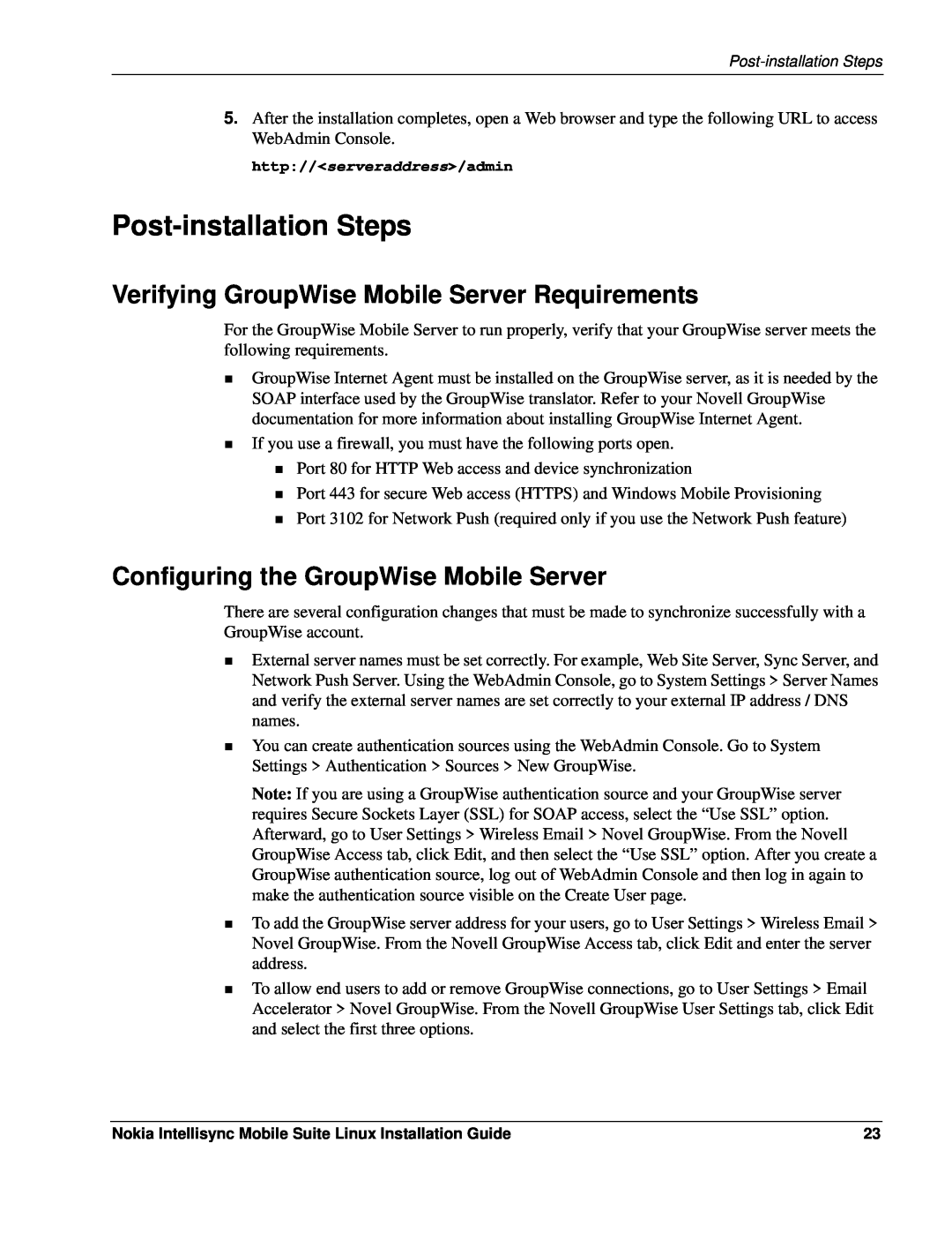 Nokia 8.5 Post-installationSteps, Verifying GroupWise Mobile Server Requirements, Configuring the GroupWise Mobile Server 
