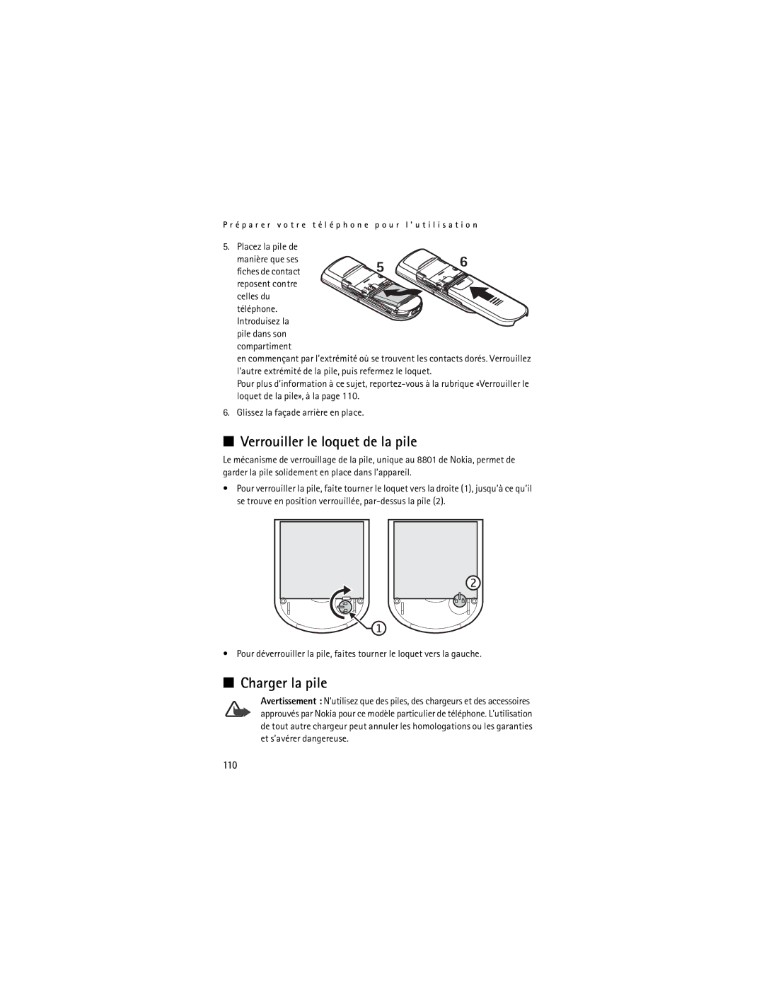 Nokia 8801, 8800 manual Verrouiller le loquet de la pile, Charger la pile, 110, Placez la pile de 