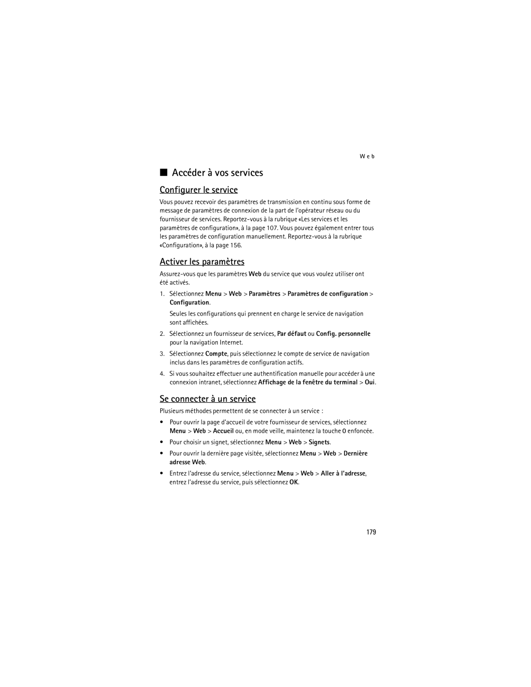 Nokia 8800, 8801 Accéder à vos services, Configurer le service, Activer les paramètres, Se connecter à un service, 179 