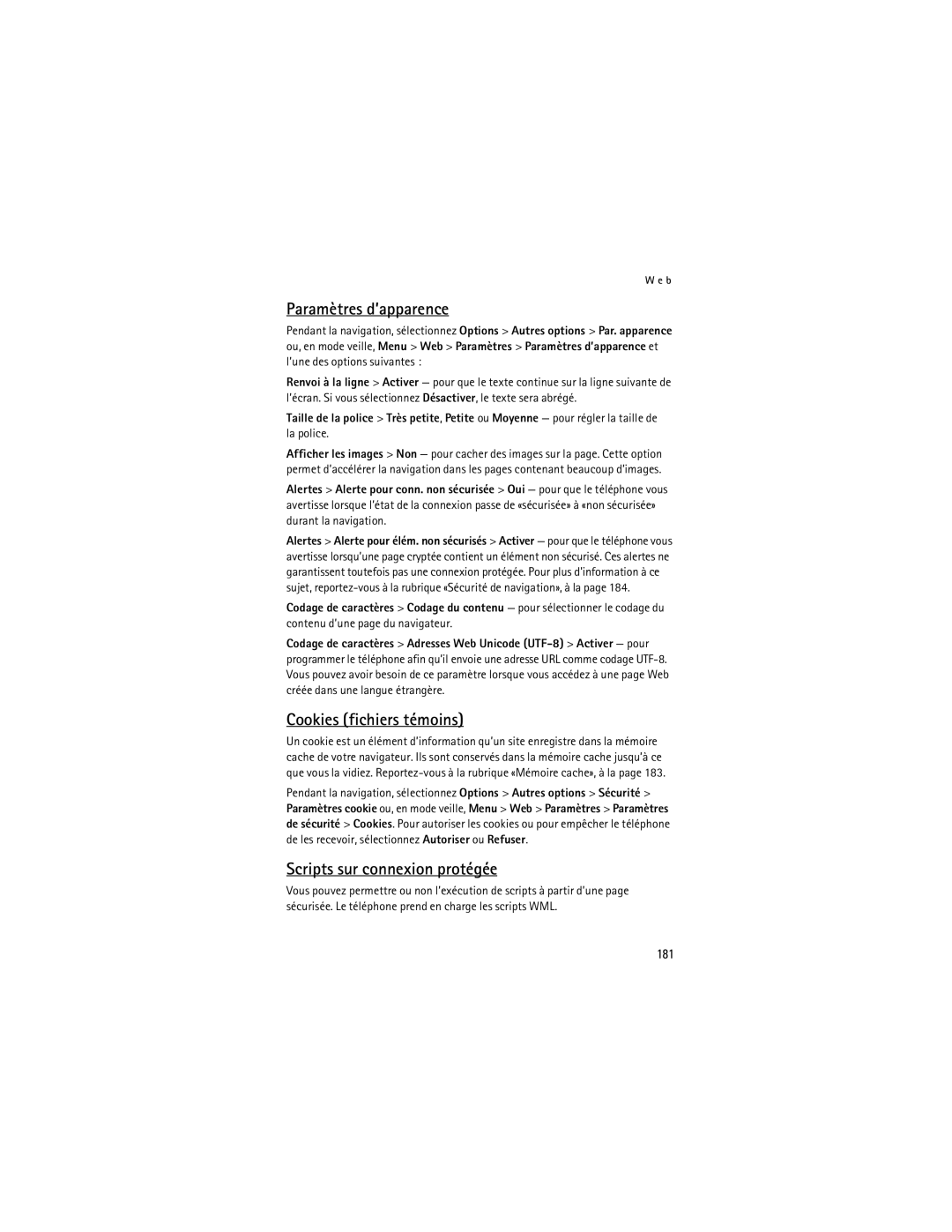 Nokia 8800, 8801 manual Paramètres d’apparence, Cookies fichiers témoins, Scripts sur connexion protégée, 181, La police 