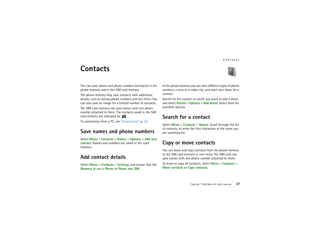 Nokia 8800 manual Contacts, Add contact details, Search for a contact, Copy or move contacts, Save names and phone numbers 