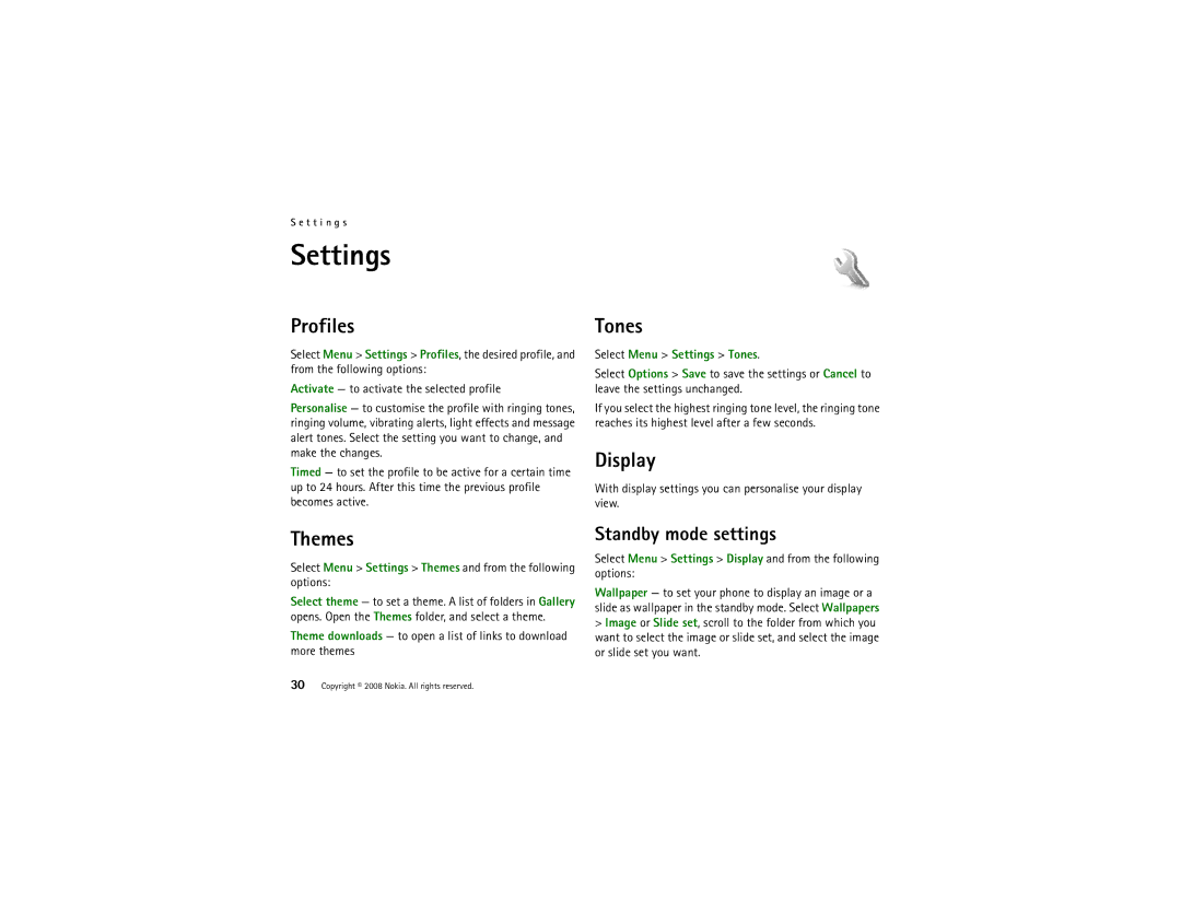 Nokia 8800 manual Settings, Profiles, Tones, Display, Themes 