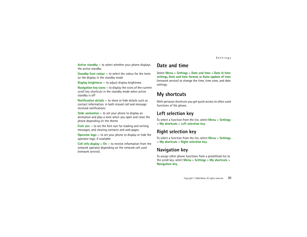 Nokia 8800 manual Date and time, My shortcuts, Left selection key, Right selection key, Navigation key 