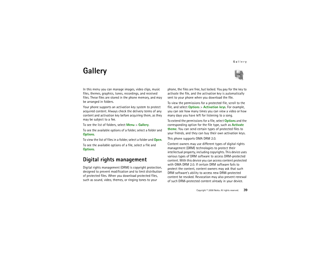 Nokia 8800 manual Gallery, Digital rights management, This phone supports OMA DRM 