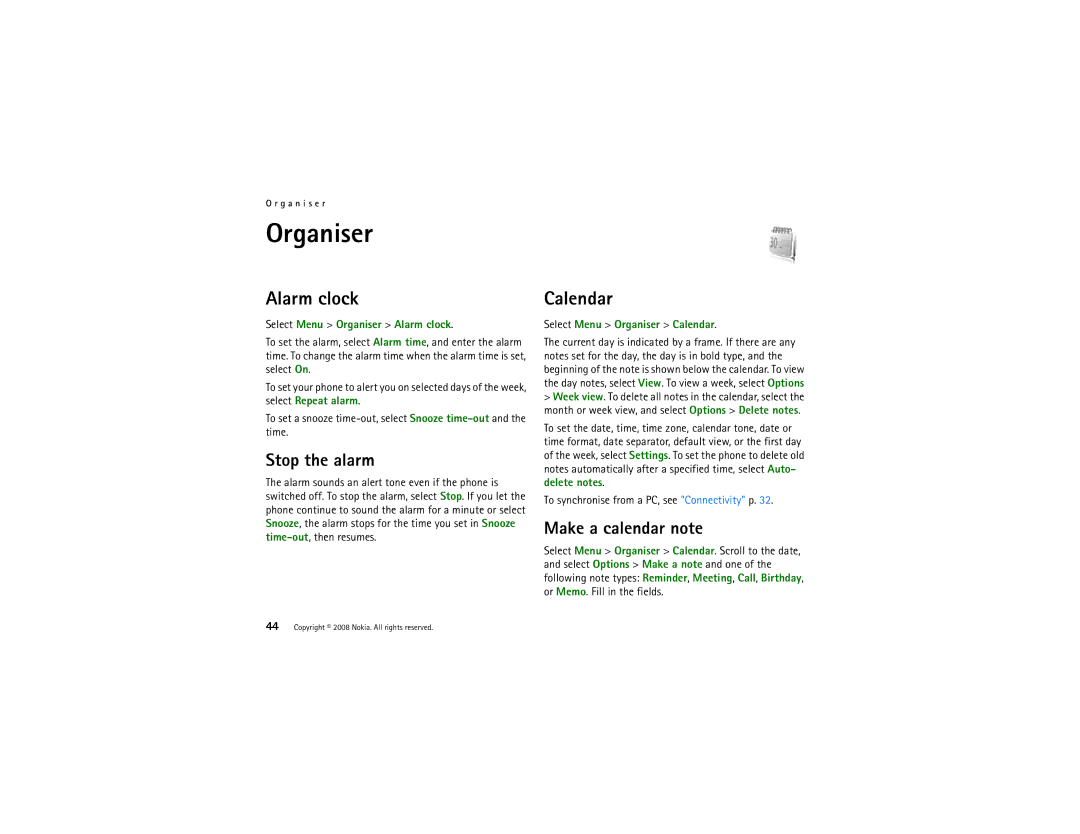 Nokia 8800 manual Organiser, Alarm clock, Calendar, Stop the alarm, Make a calendar note 