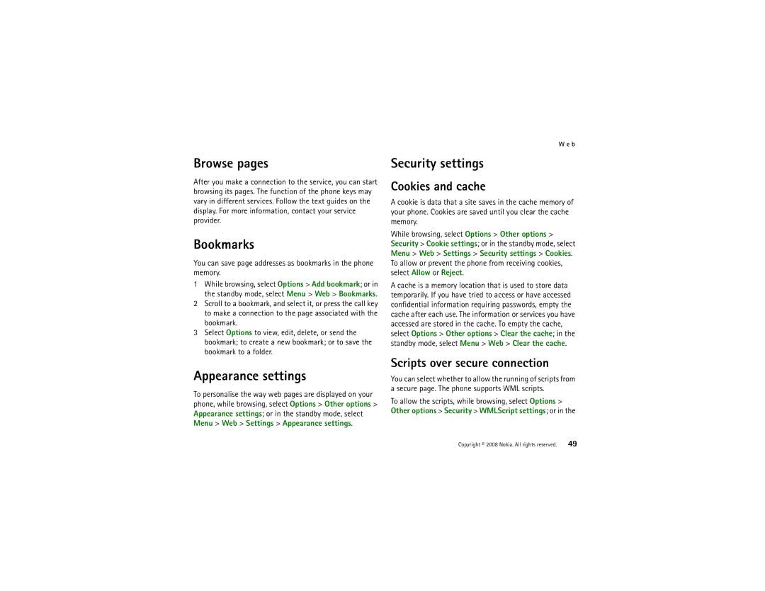 Nokia 8800 manual Browse pages, Bookmarks, Appearance settings, Security settings 