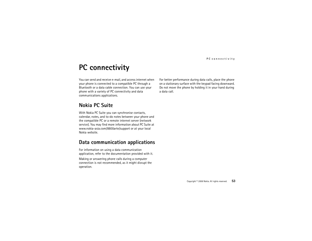 Nokia 8800 manual PC connectivity, Nokia PC Suite, Data communication applications 