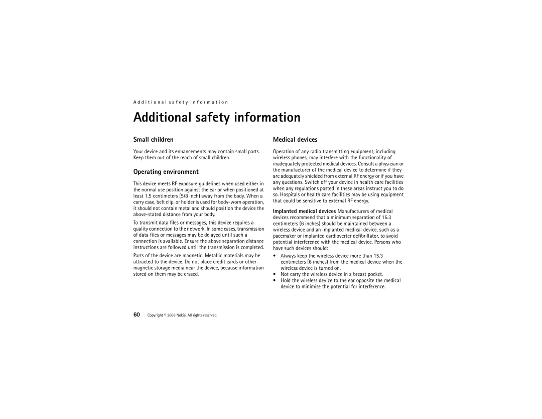 Nokia 8800 manual Additional safety information, Small children 