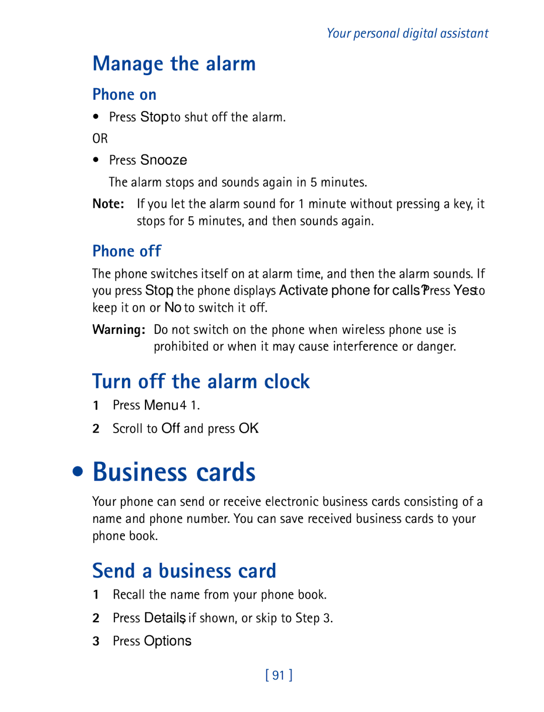 Nokia 8850 owner manual Business cards, Manage the alarm, Turn off the alarm clock, Send a business card 