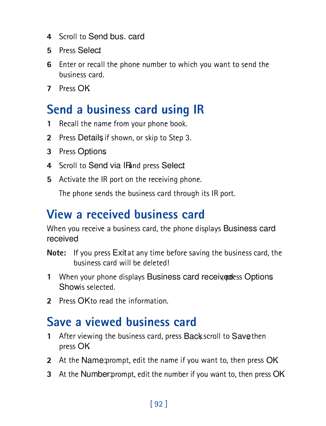 Nokia 8850 owner manual Send a business card using IR, View a received business card, Save a viewed business card 