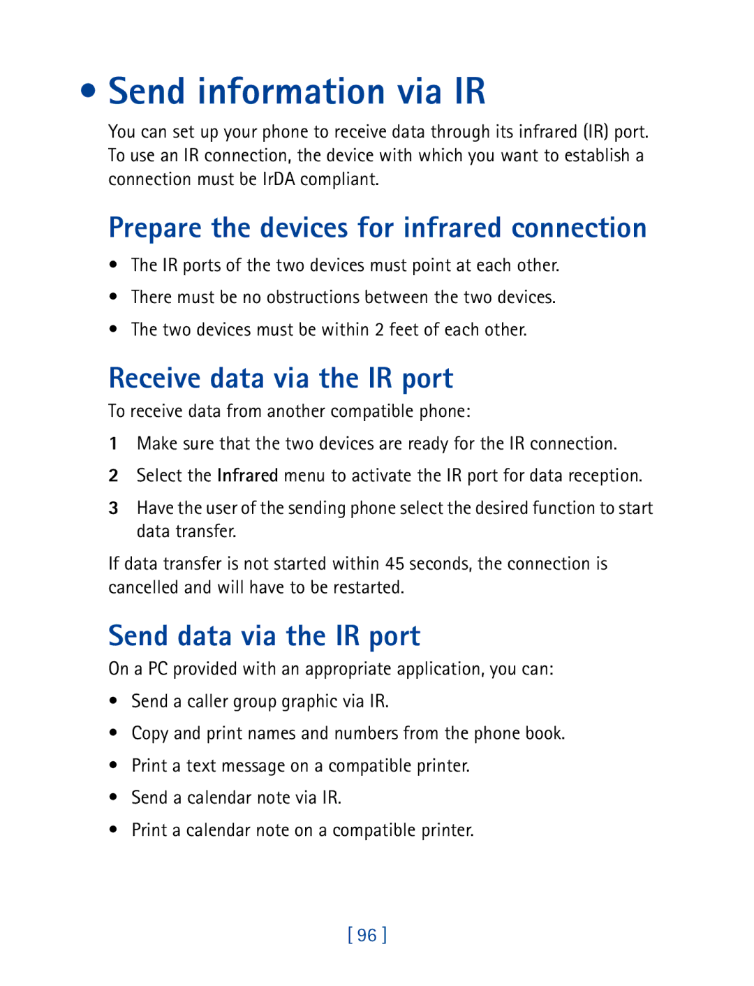 Nokia 8850 owner manual Send information via IR, Receive data via the IR port, Send data via the IR port 