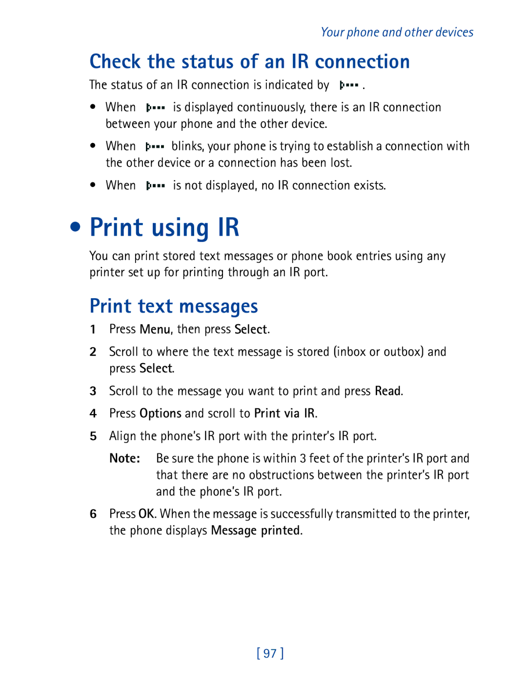 Nokia 8850 owner manual Print using IR, Check the status of an IR connection, Print text messages 