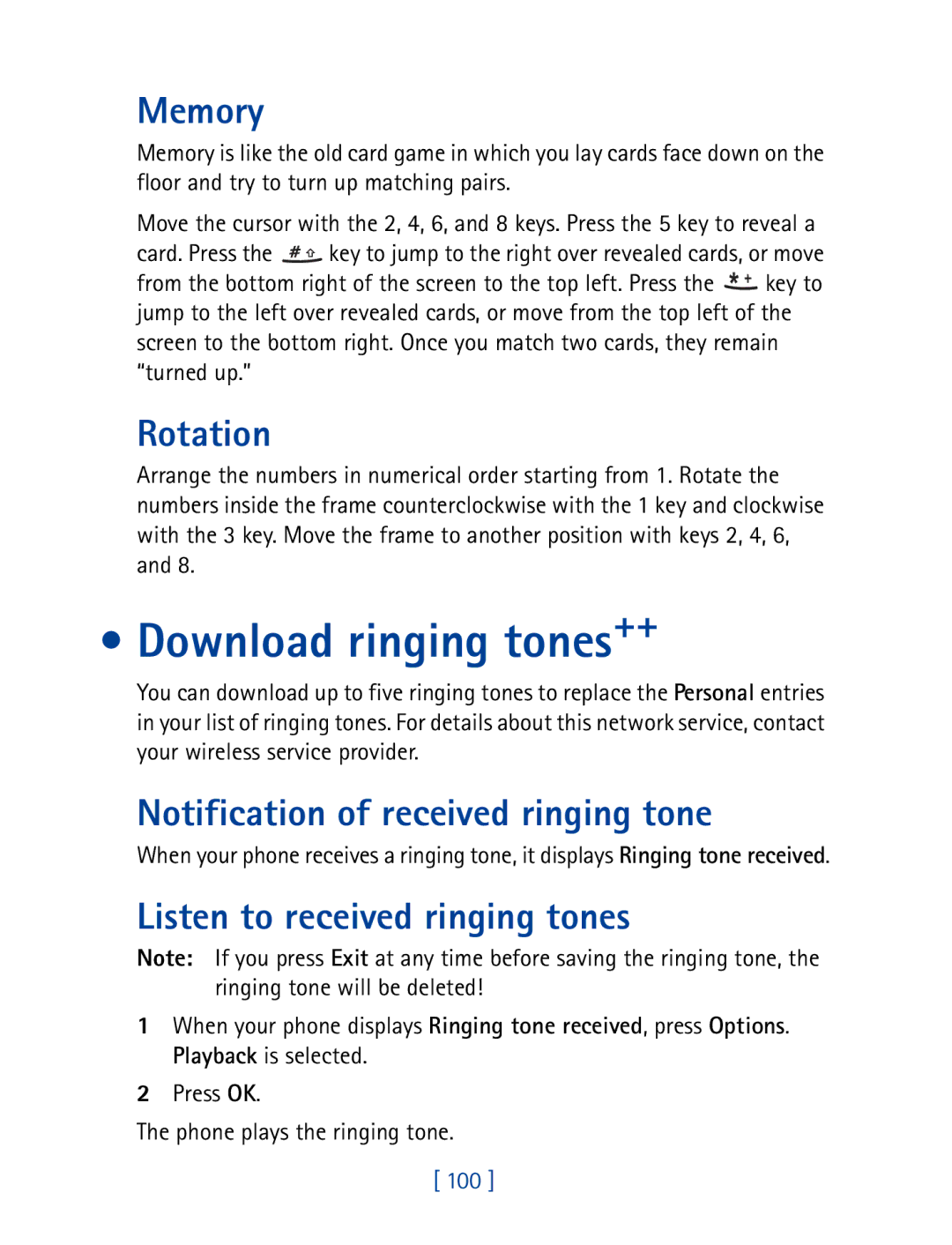 Nokia 8850 owner manual Download ringing tones++, Memory, Rotation, Notification of received ringing tone 