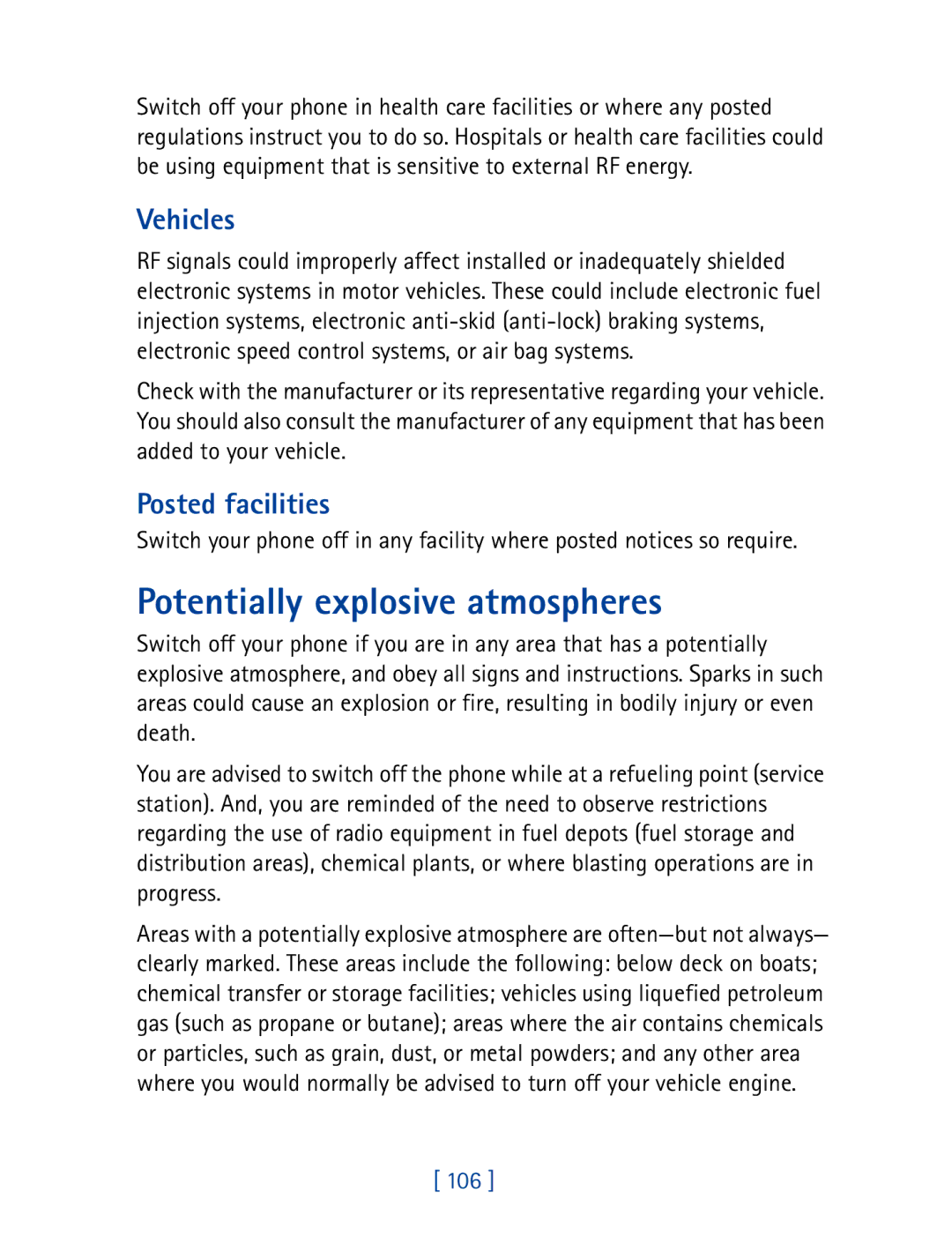 Nokia 8850 owner manual Potentially explosive atmospheres, Vehicles, Posted facilities 