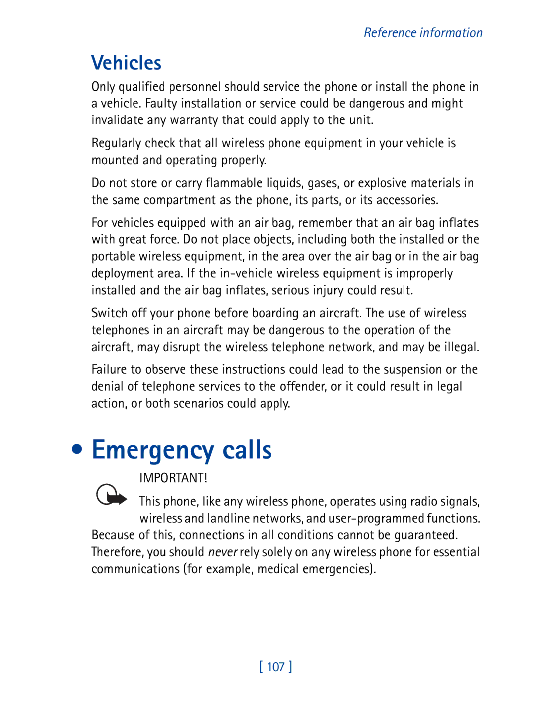 Nokia 8850 owner manual Emergency calls, Vehicles 