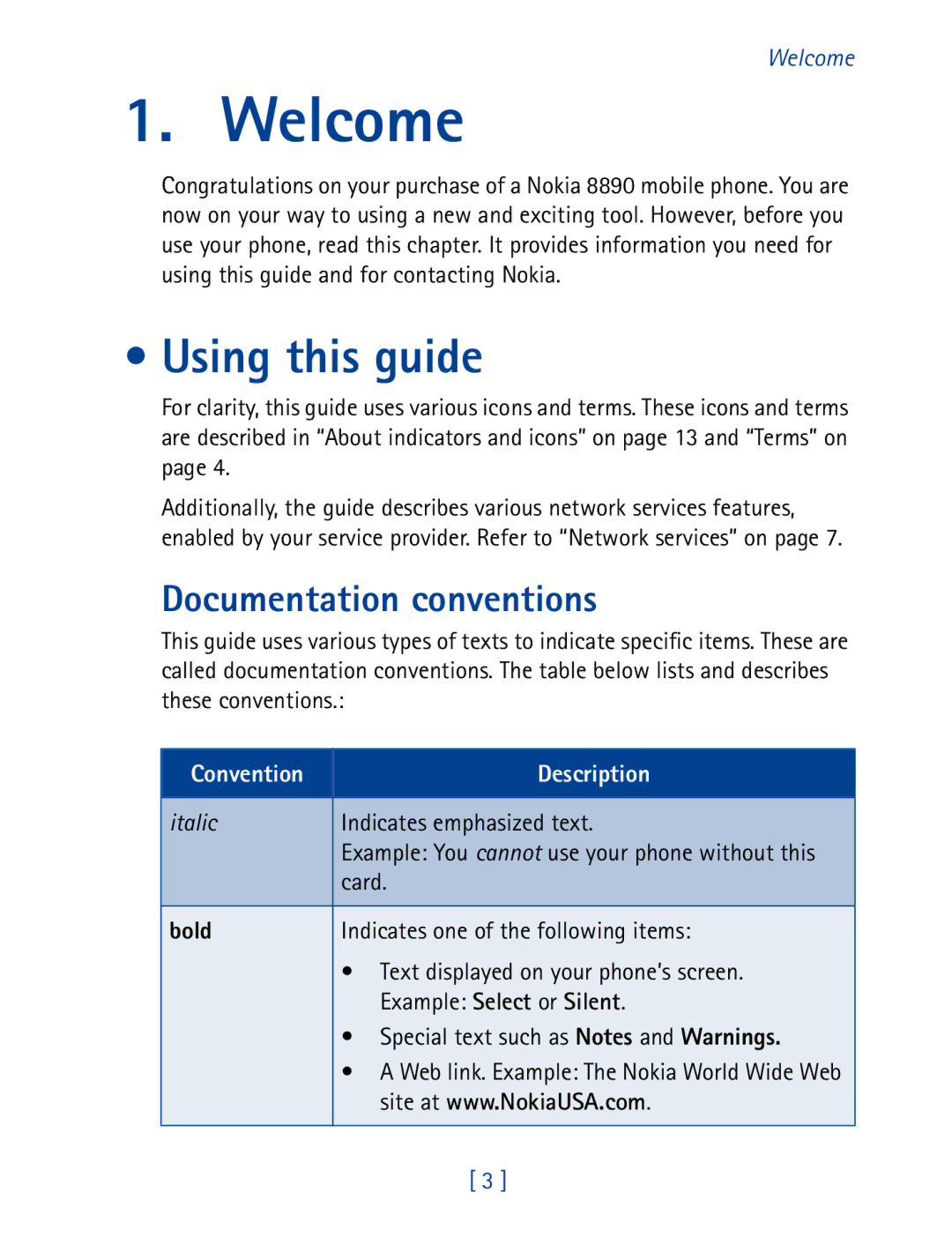 Nokia 8850 owner manual Welcome, Using this guide, Documentation conventions 