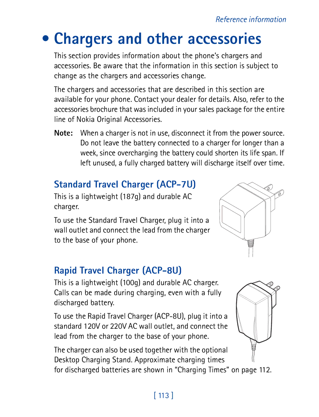 Nokia 8850 owner manual Chargers and other accessories, Standard Travel Charger ACP-7U, Rapid Travel Charger ACP-8U 