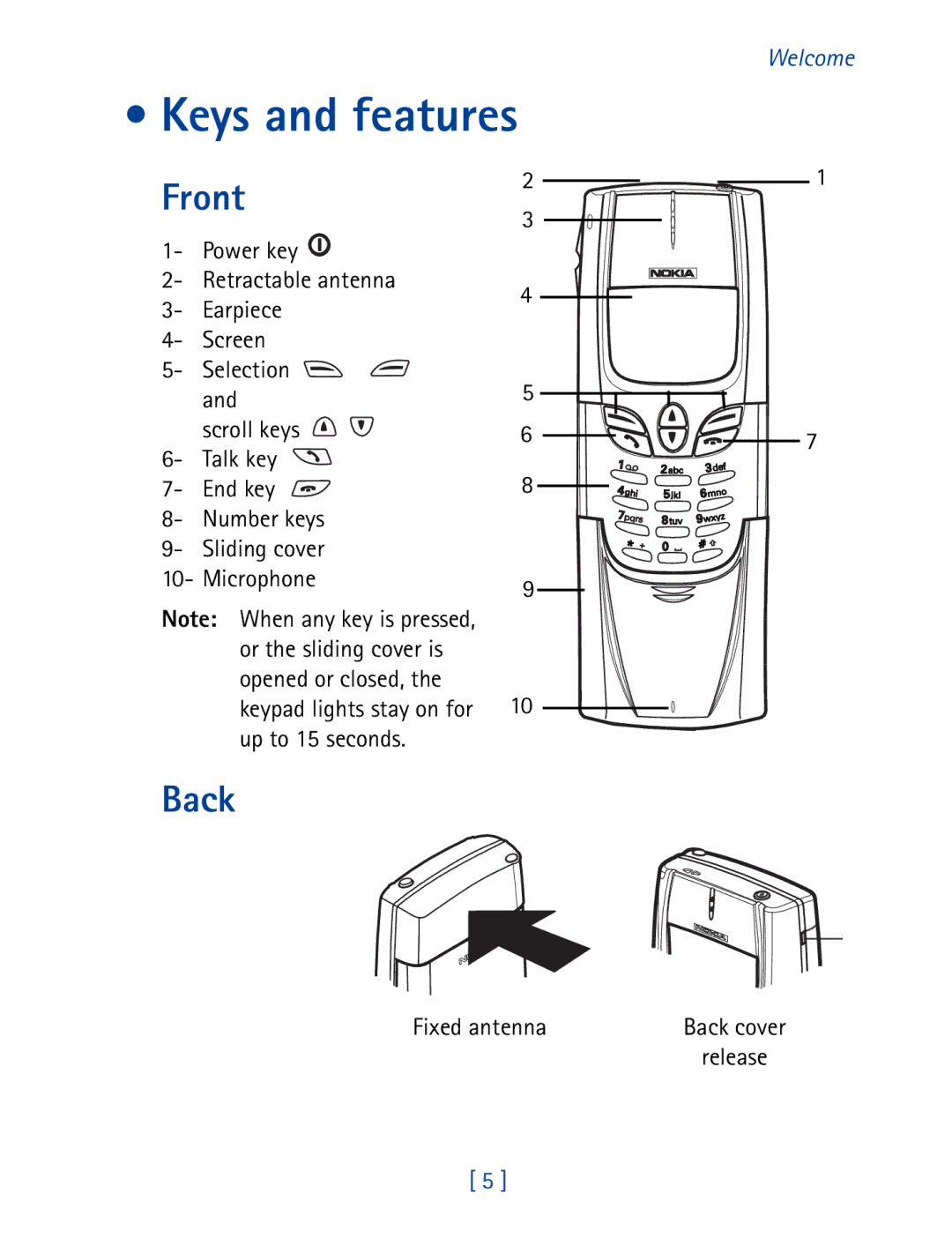 Nokia 8850 owner manual Keys and features, Front, Back 