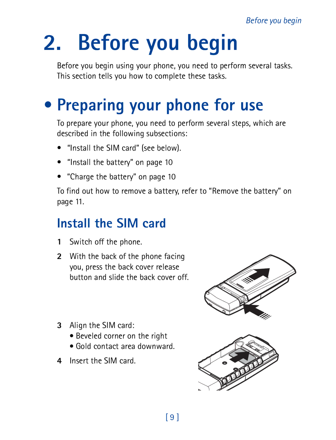 Nokia 8850 owner manual Before you begin, Preparing your phone for use, Install the SIM card 