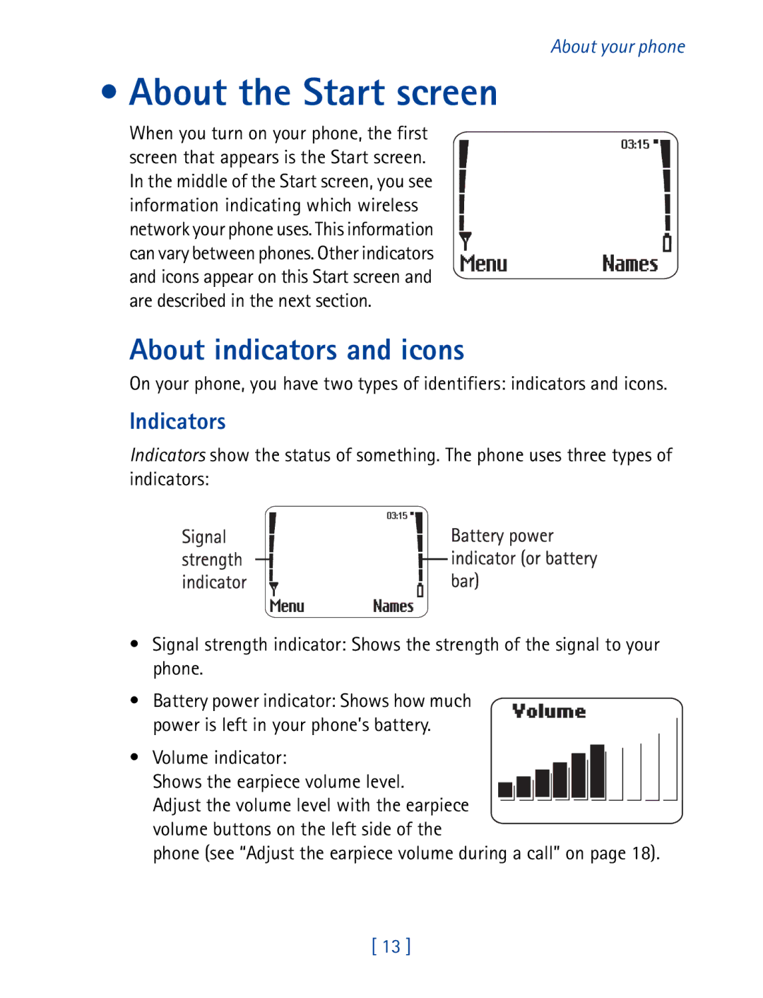 Nokia 8850 owner manual About the Start screen, About indicators and icons, Indicators, Volume indicator 