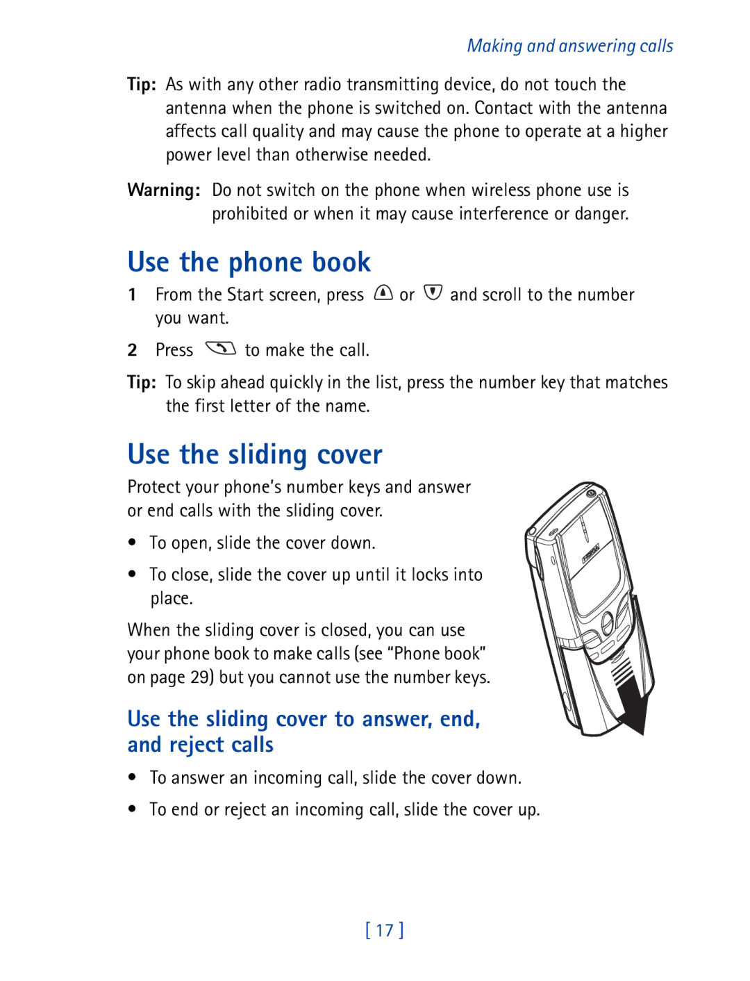 Nokia 8850 owner manual Use the phone book, Use the sliding cover to answer, end, and reject calls 