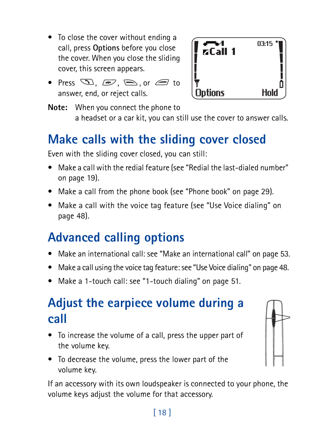 Nokia 8850 Make calls with the sliding cover closed, Advanced calling options, Adjust the earpiece volume during a call 