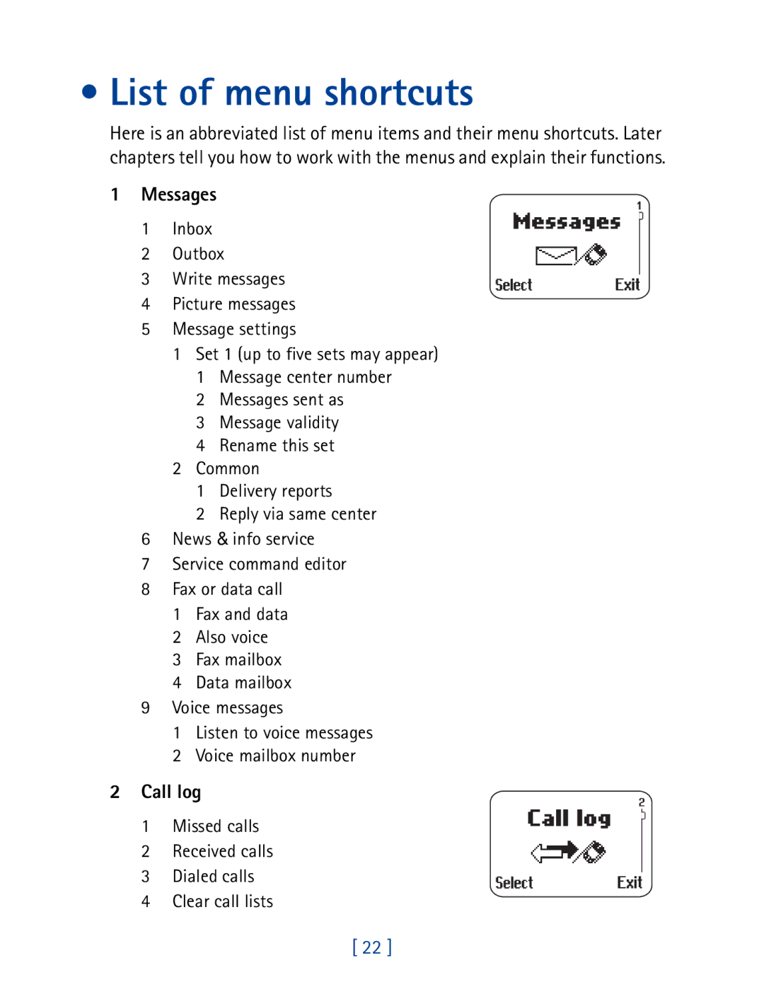 Nokia 8850 owner manual List of menu shortcuts, Messages, Call log 