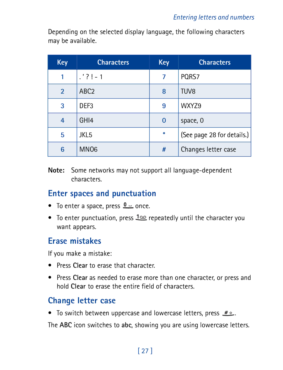 Nokia 8850 owner manual Enter spaces and punctuation, Erase mistakes, Change letter case 