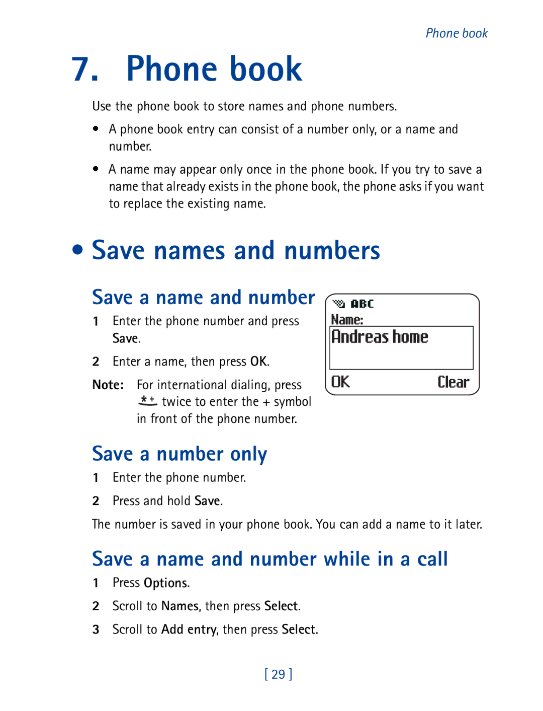 Nokia 8850 owner manual Phone book, Save names and numbers, Save a name and number, Save a number only 